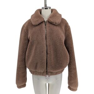 30035 H&M Bear Zip Up Bomber Jacket Brown size Medium fall winter boucle casual